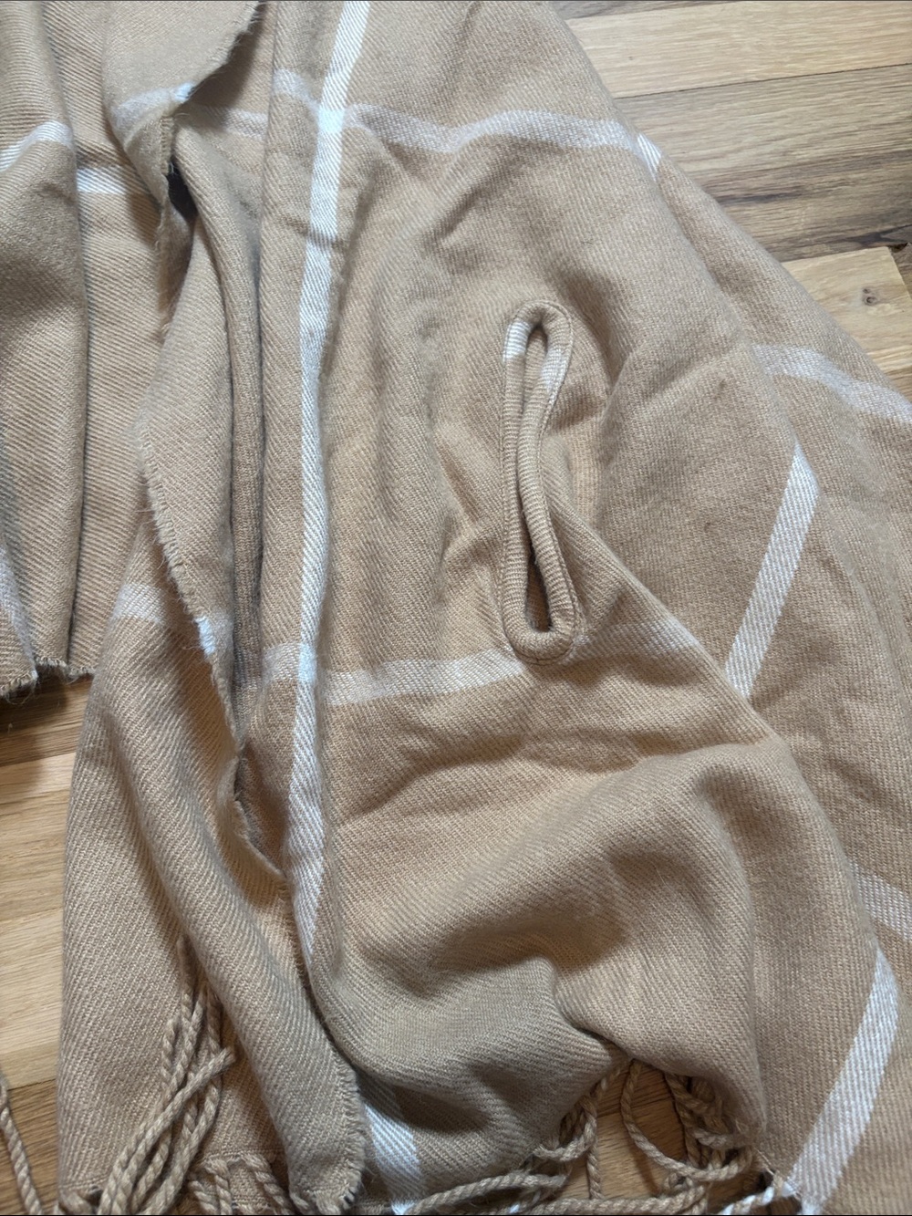 Beige Plaid Fringe Draped Open Cardigan Cape Poncho with Armholes OS - Picture 4 of 7
